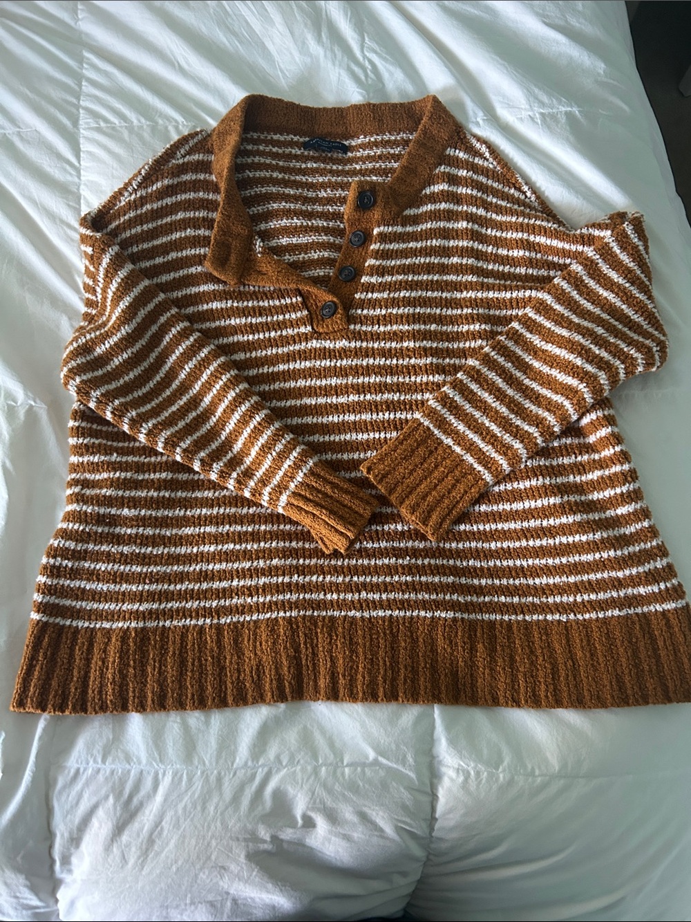 Striped Henley Sweater in Rust and White - Cozy Knit Turtleneck Alternative